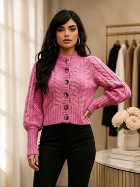 Urban Outfitters Cameron Pink Cropped Cable Knit Cardigan XS